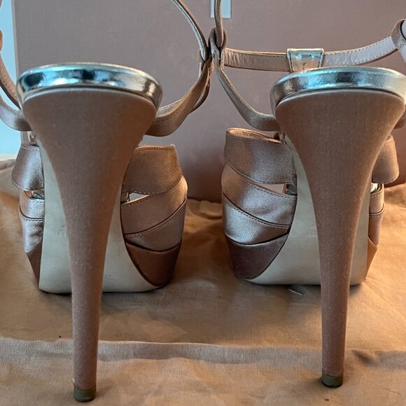 NEW Miu Miu Nude Satin Bejeweled Calzature Donna T-Strap Platform High Heels - Picture 5 of 11